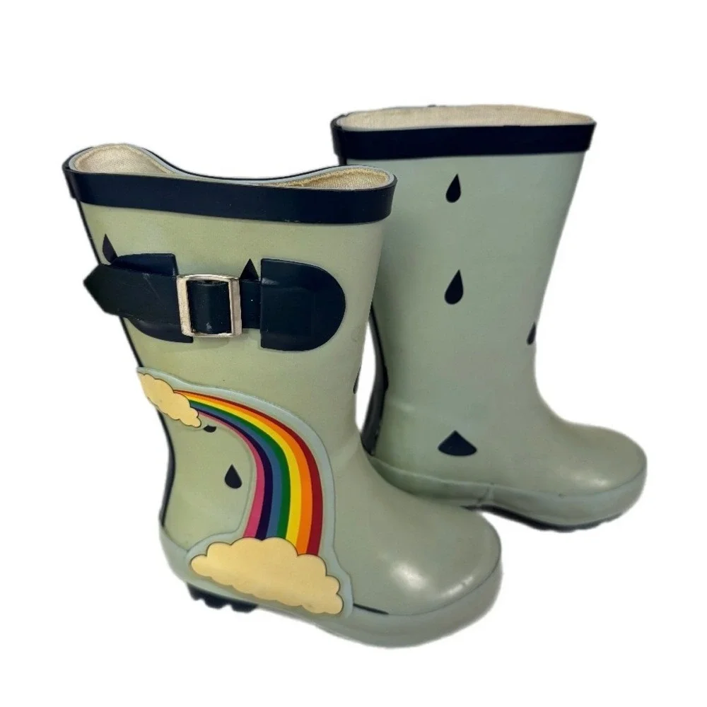 Rainbow Rain Boots Kids Size‎ 5/6 Mint Green Rubber Waterproof Raindrops